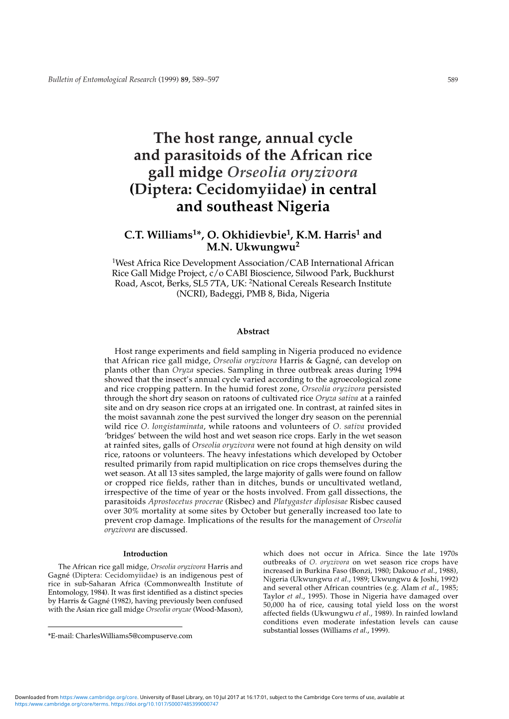 The Host Range, Annual Cycle and Parasitoids of the African Rice Gall Midge Orseolia Oryzivora (Diptera: Cecidomyiidae) in Central and Southeast Nigeria