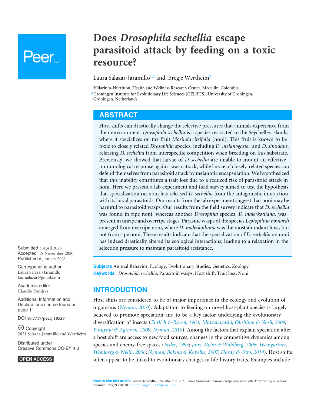 Does Drosophila Sechellia Escape Parasitoid Attack by Feeding on a Toxic Resource?