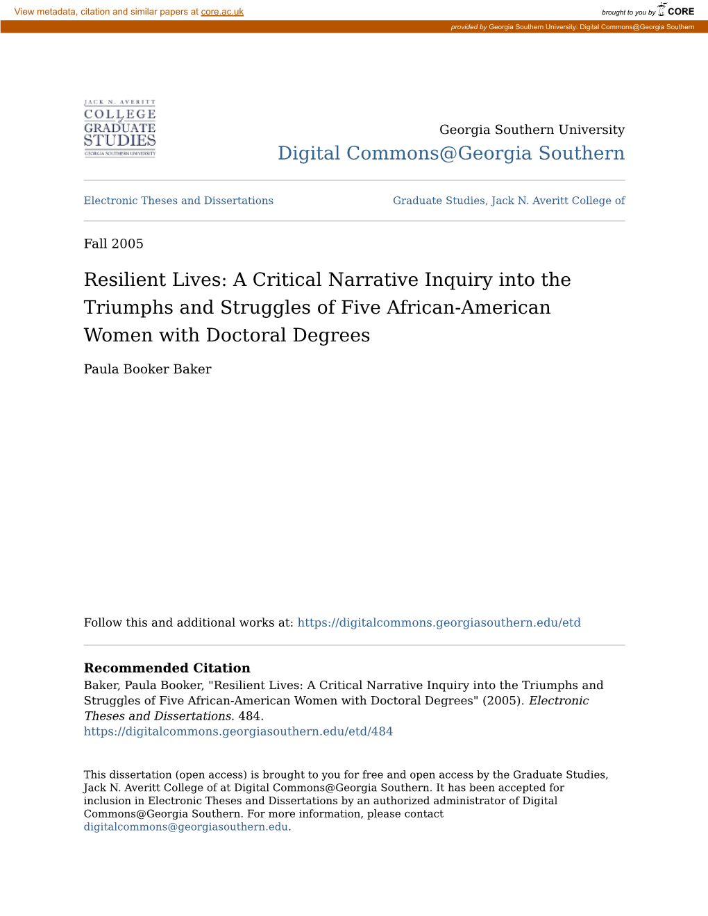 A Critical Narrative Inquiry Into the Triumphs and Struggles of Five African-American Women with Doctoral Degrees