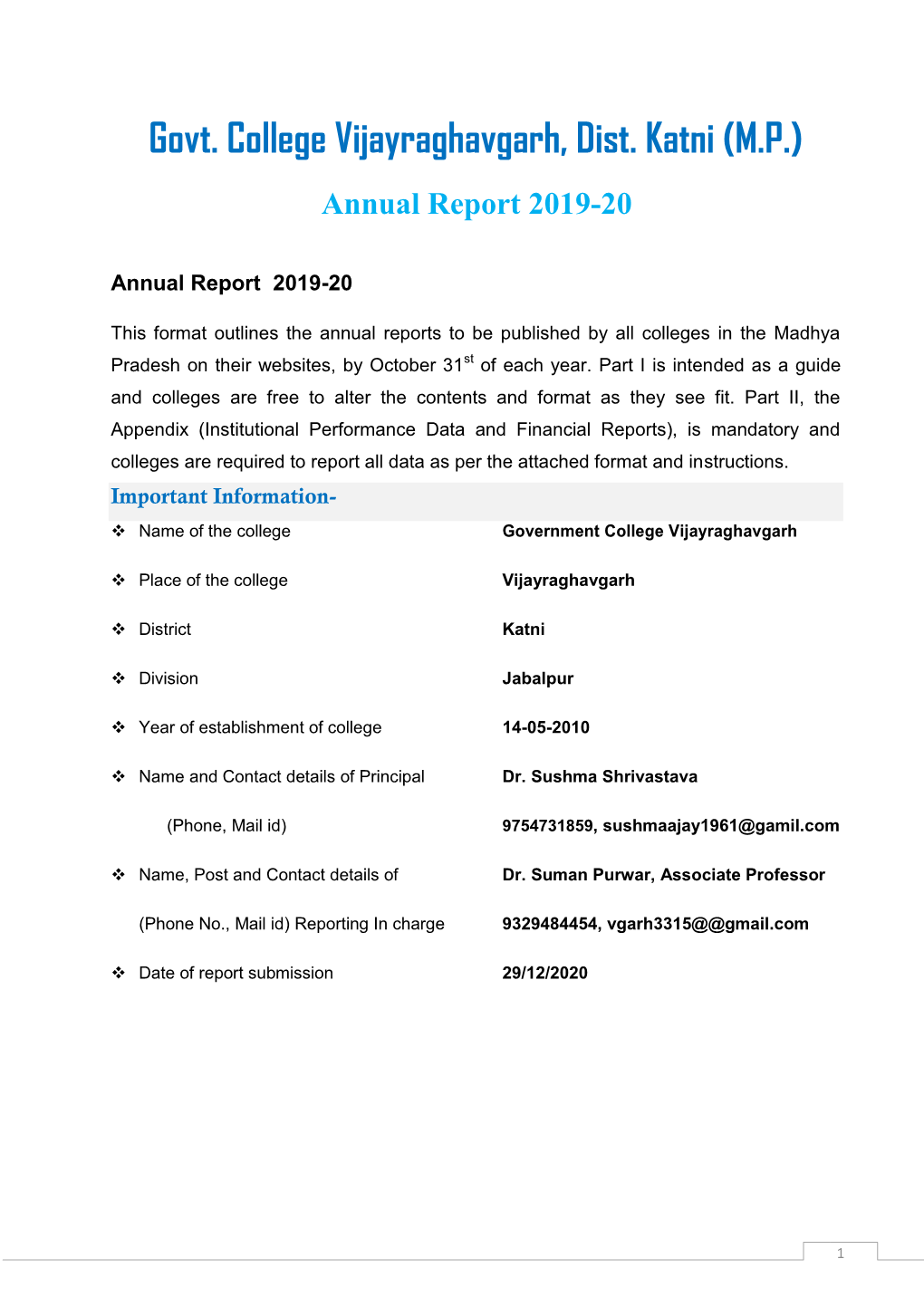Govt. College Vijayraghavgarh, Dist. Katni (M.P.) Annual Report 2019-20