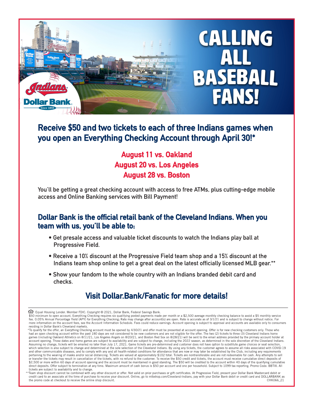 Receive $50 and Two Tickets to Each of Three Indians Games When You Open an Everything Checking Account Through April 30!*