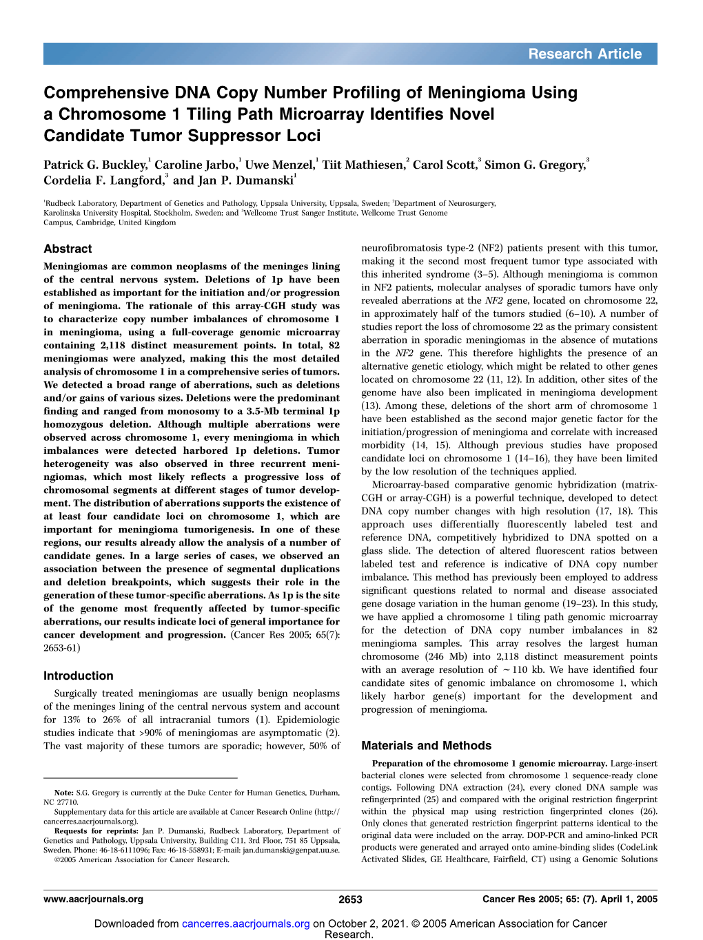 Comprehensive DNA Copy Number Profiling of Meningioma Using a Chromosome 1 Tiling Path Microarray Identifies Novel Candidate Tumor Suppressor Loci