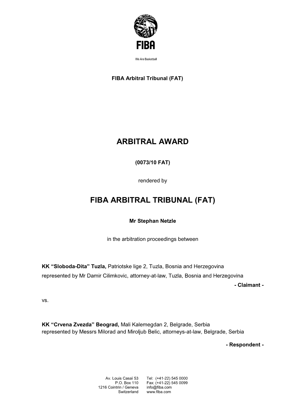 Arbitral Award Fiba Arbitral Tribunal (Fat)