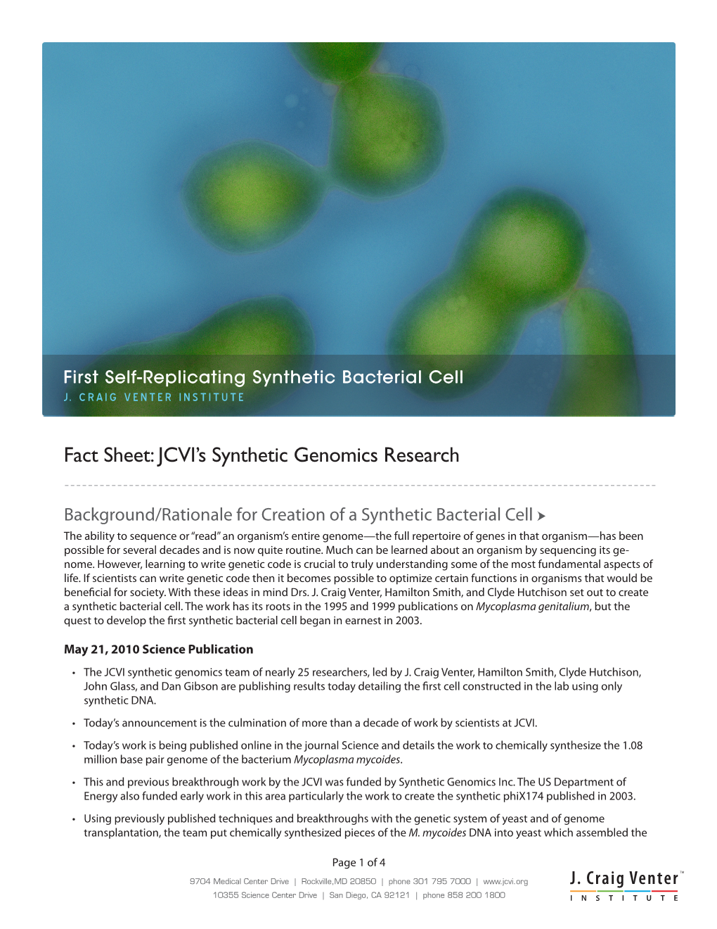 Fact Sheet: JCVI's Synthetic Genomics Research