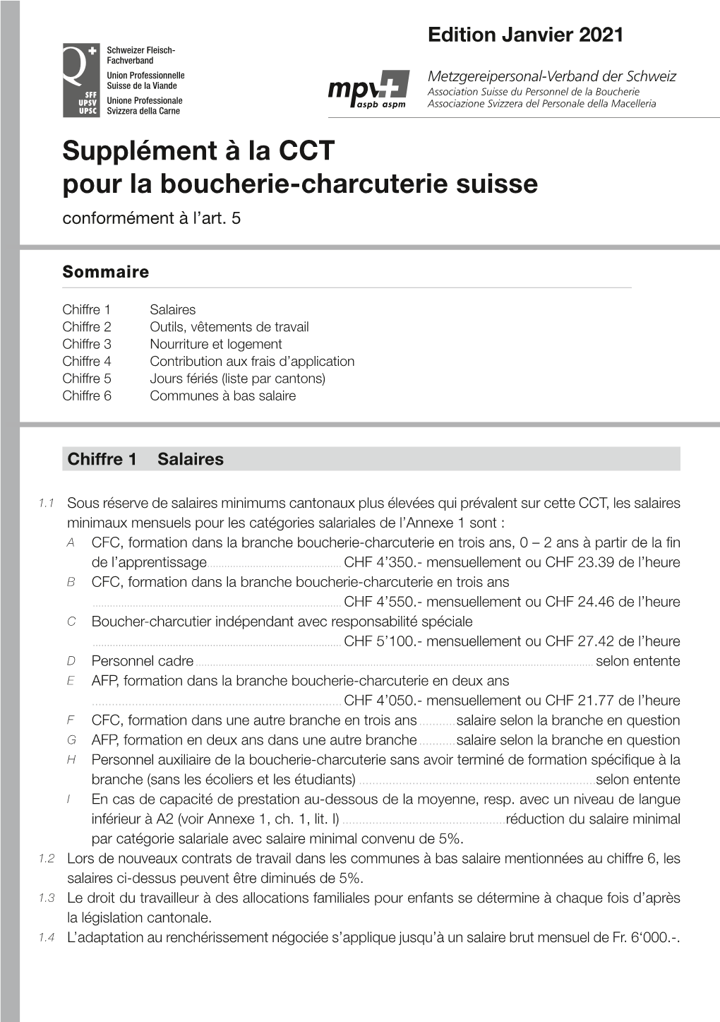 Supplément À La CCT Pour La Boucherie-Charcuterie Suisse Conformément À L’Art