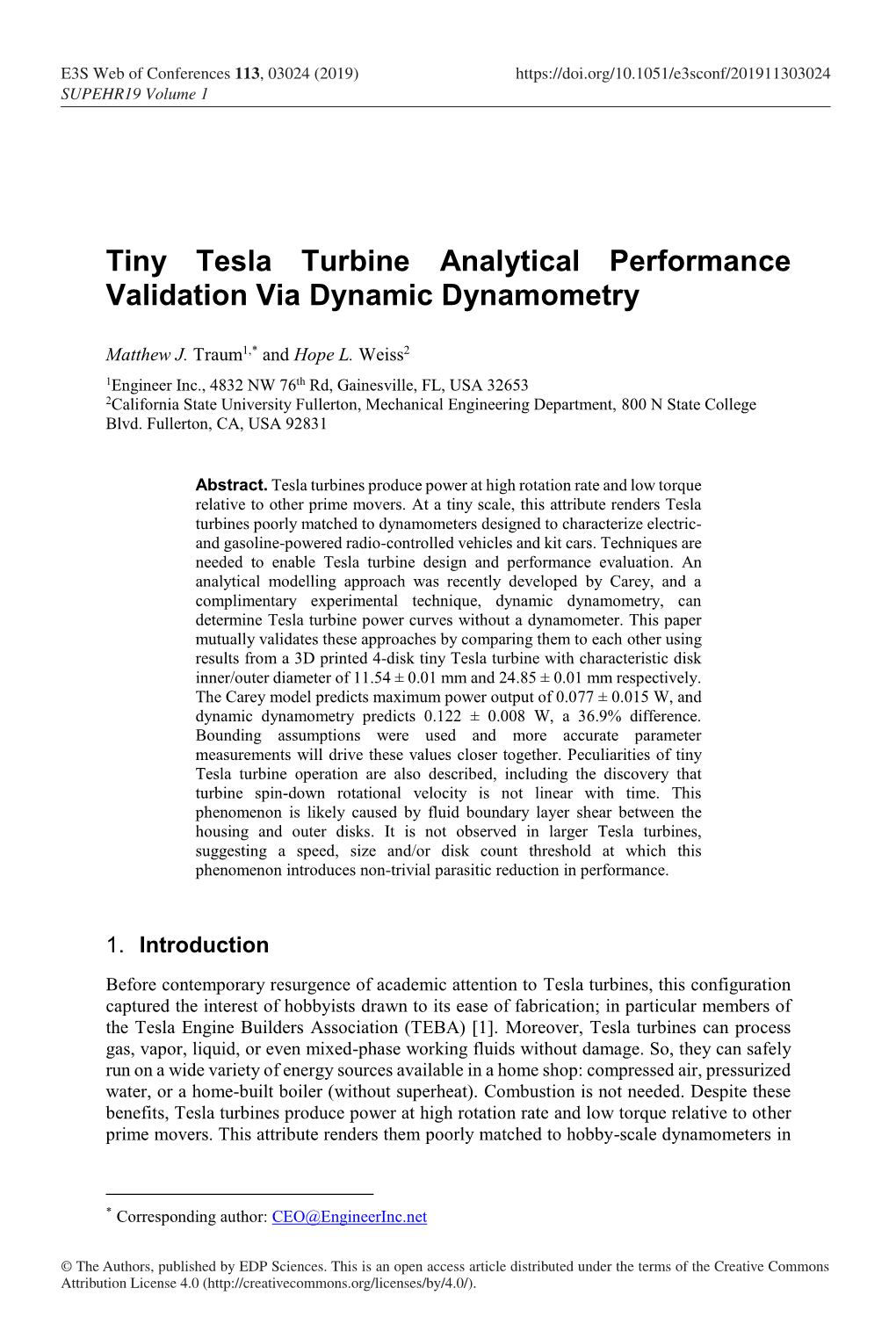 Tiny Tesla Turbine Analytical Performance Validation Via Dynamic Dynamometry