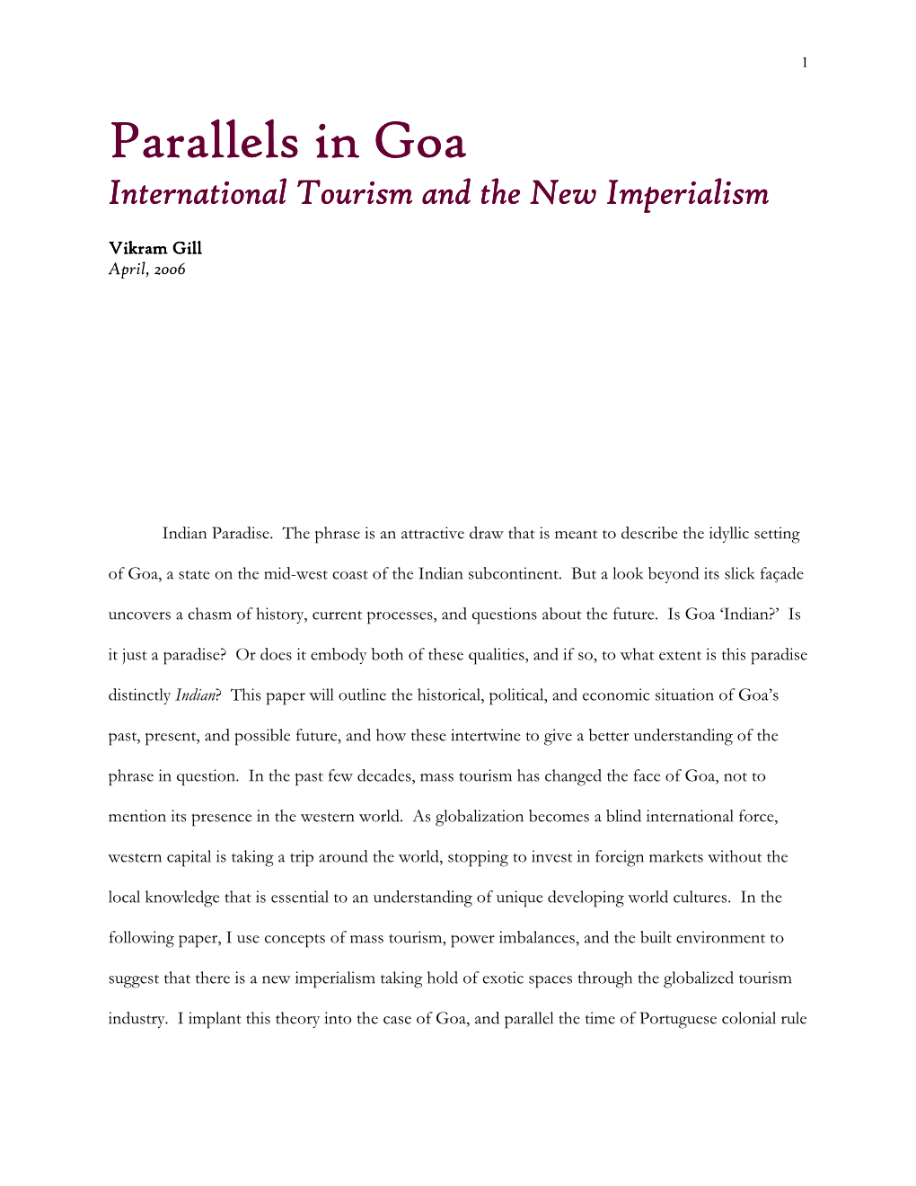 Parallels in Goa: International Tourism and the New Imperialism