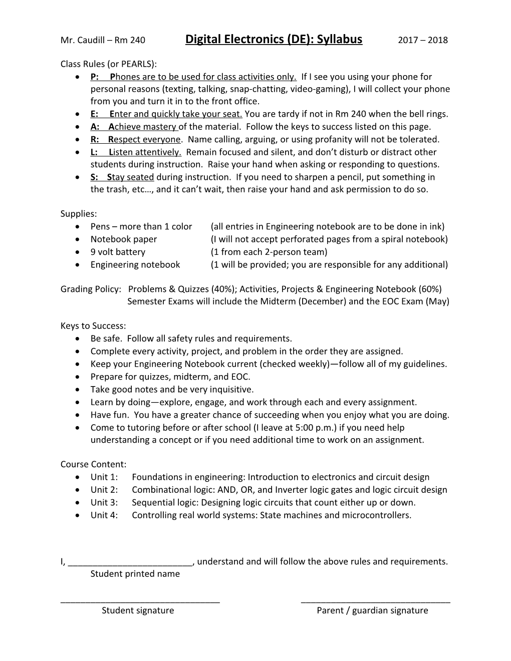 Mr. Caudill Rm 240 Digital Electronics (DE): Syllabus 2017 2018