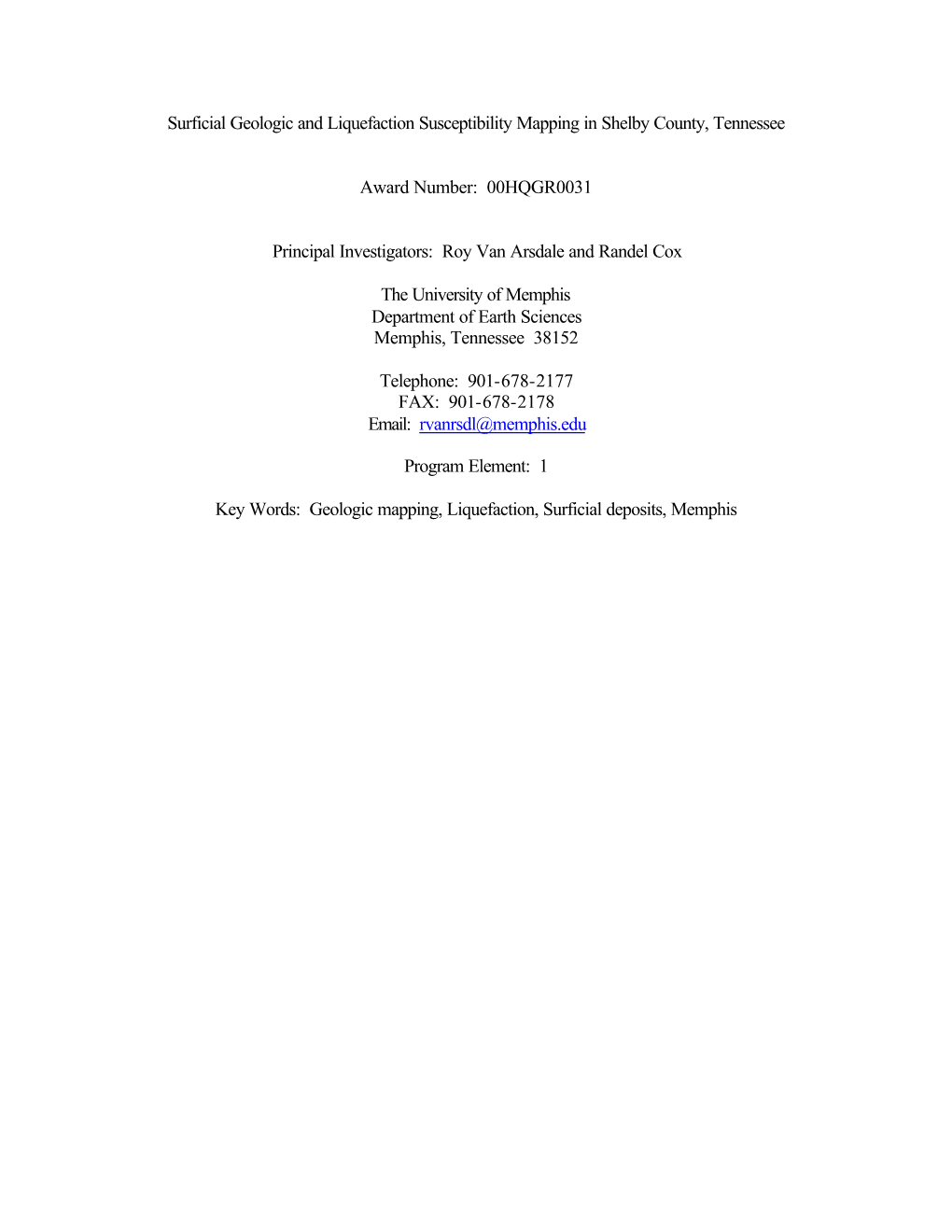 Surficial Geologic and Liquefaction Susceptibility Mapping in Shelby County, Tennessee