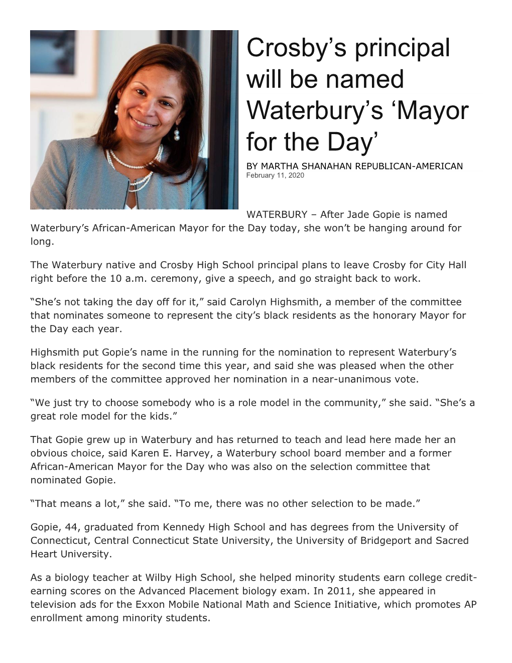 Crosby's Principal Will Be Named Waterbury's 'Mayor for the Day'