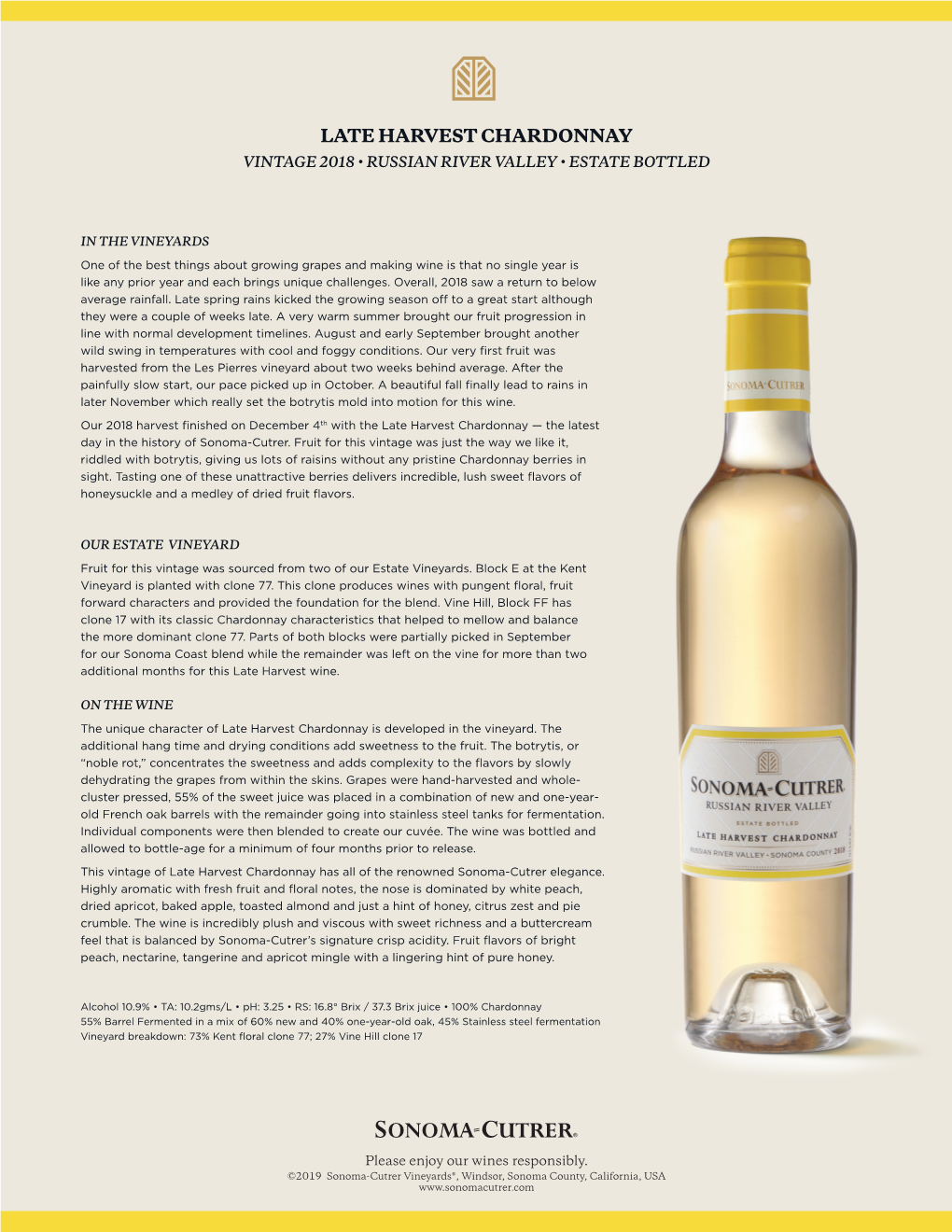 Late Harvest Chardonnay Vintage 2018 • Russian River Valley • Estate Bottled