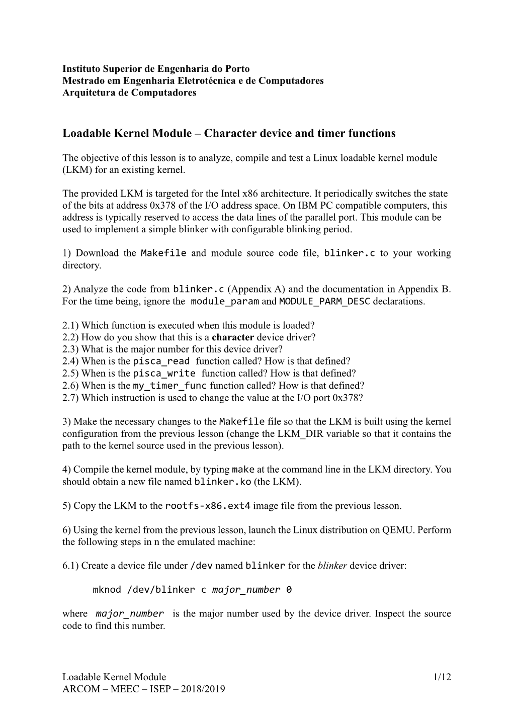 Loadable Kernel Module – Character Device and Timer Functions