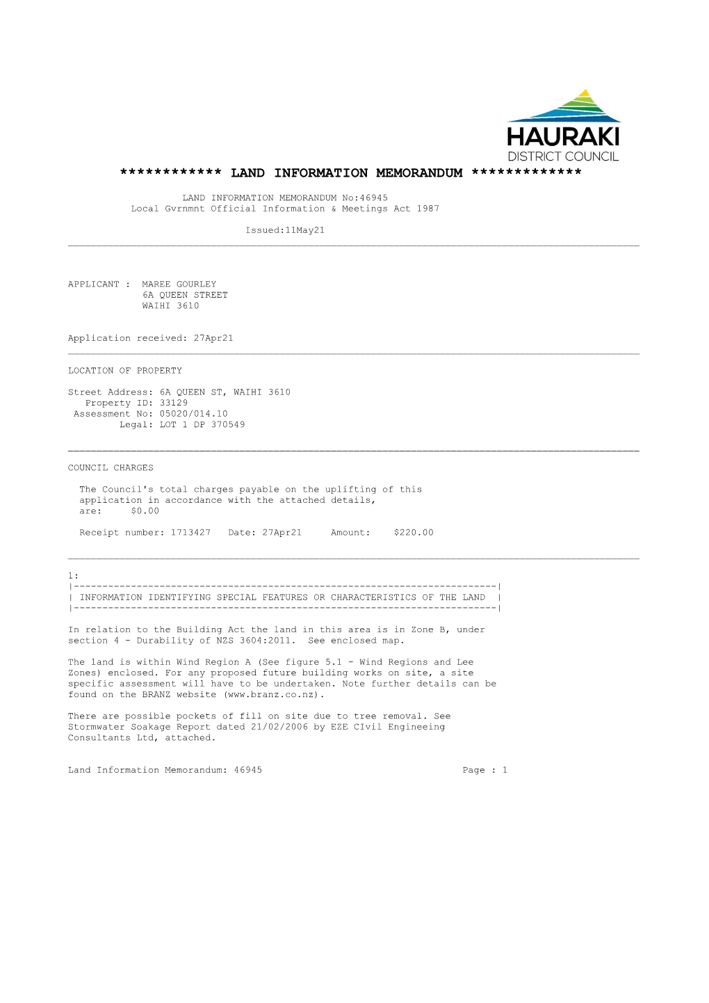 Land Information Memorandum *************