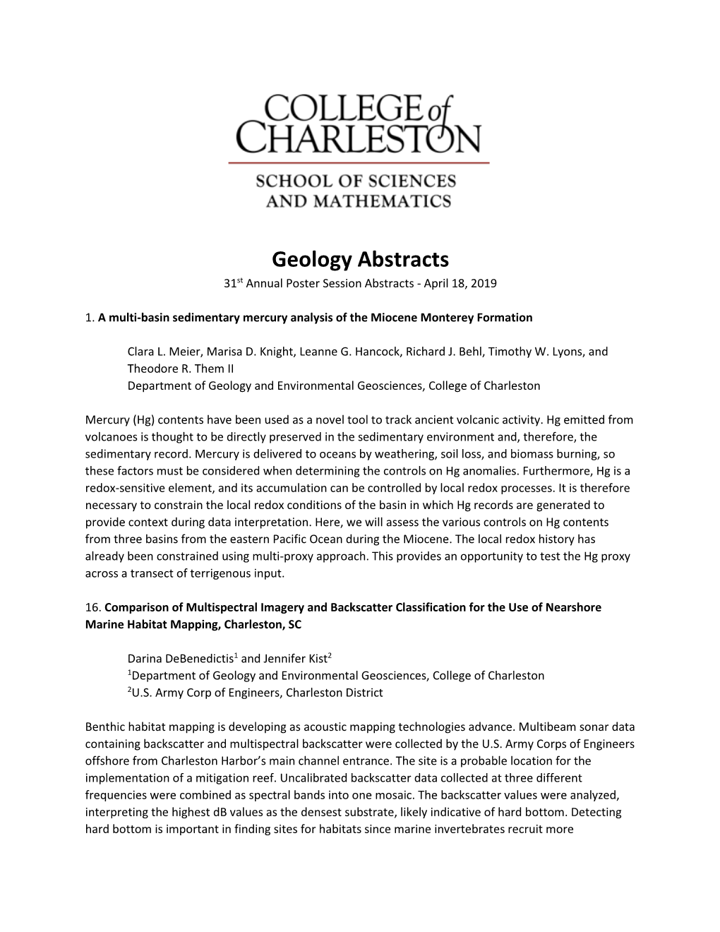 Geology Abstracts 31St Annual Poster Session Abstracts - April 18, 2019