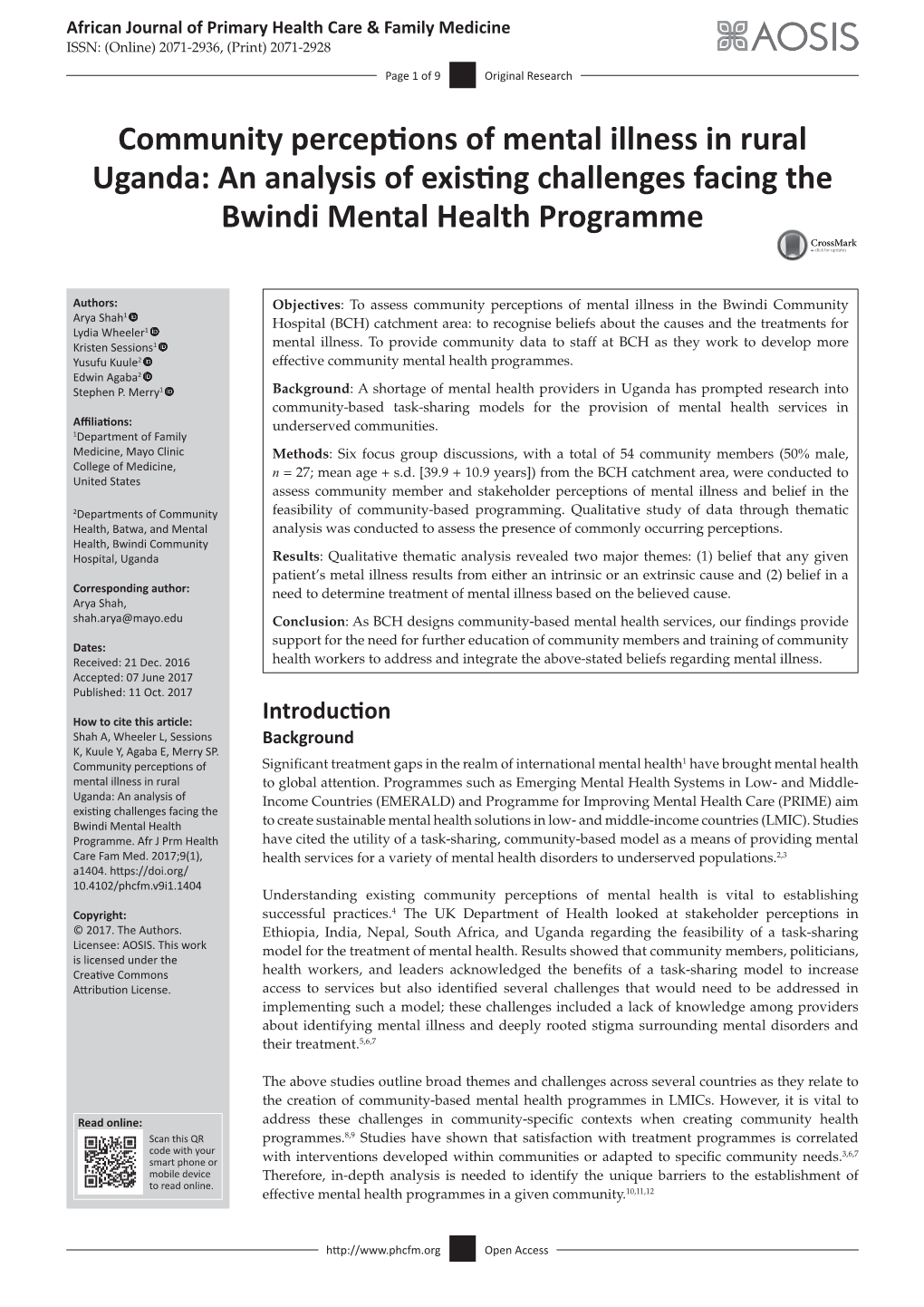 Community Perceptions of Mental Illness in Rural Uganda: an Analysis of Existing Challenges Facing the Bwindi Mental Health Programme