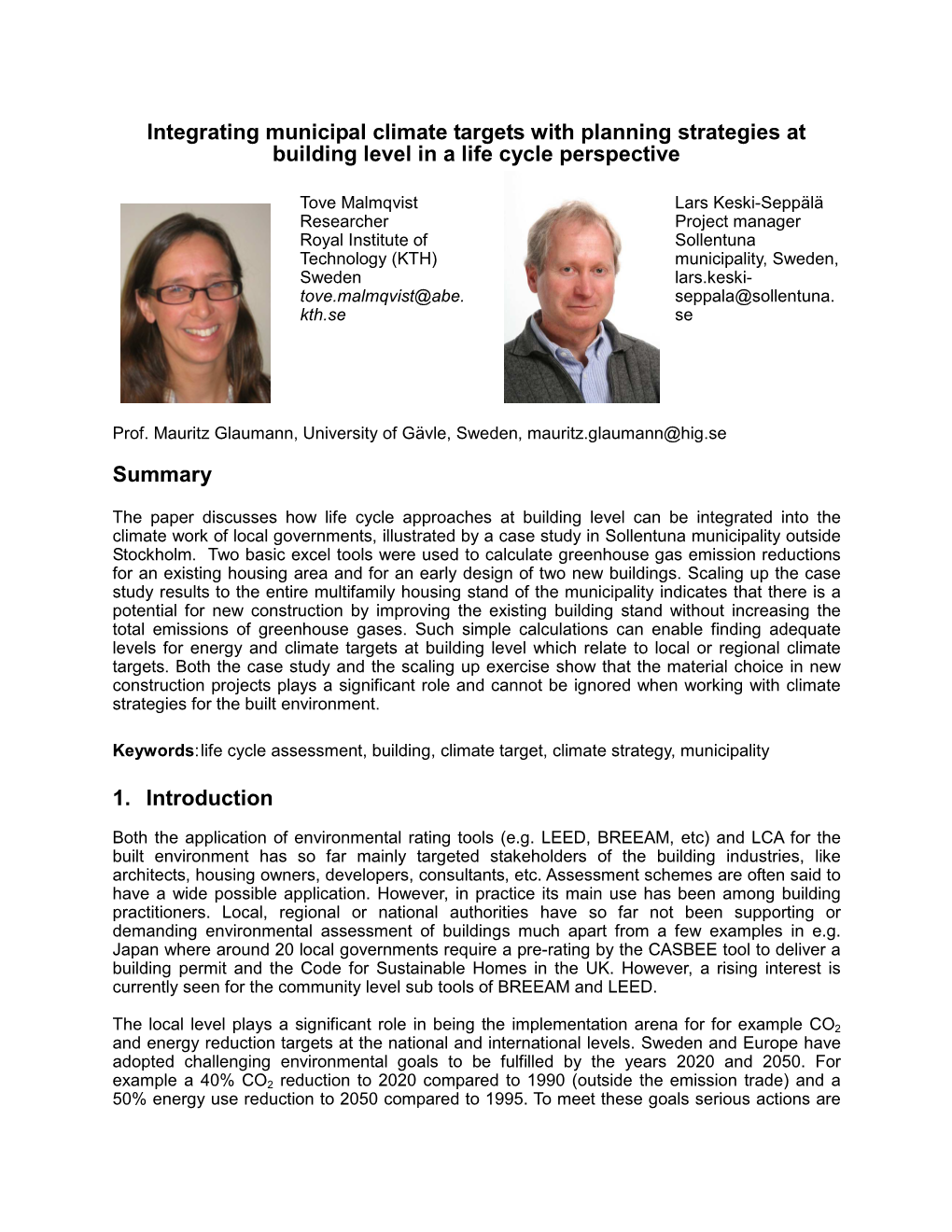 Integrating Municipal Climate Targets with Planning Strategies at Building Level in a Life Cycle Perspective