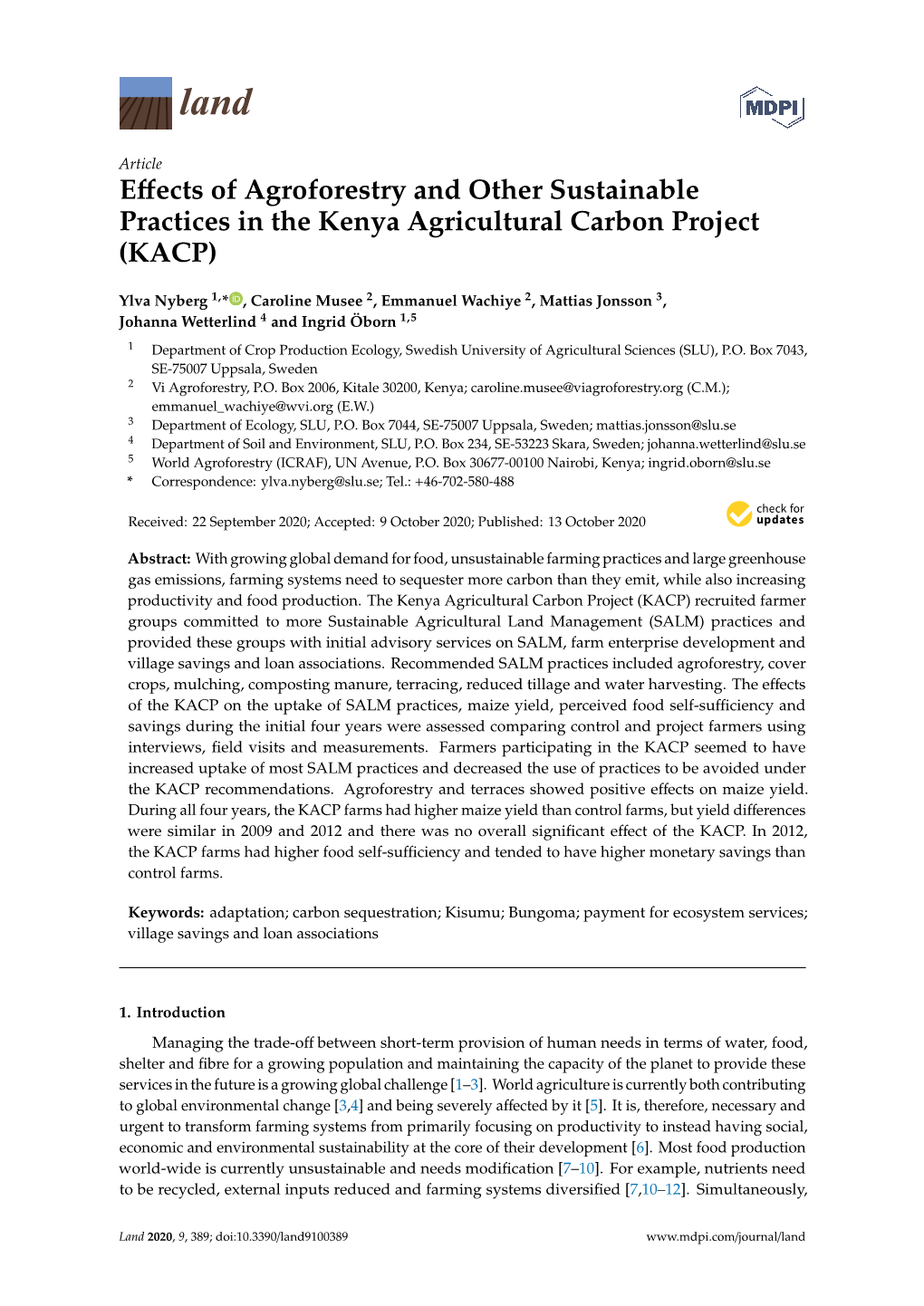 Effects of Agroforestry and Other Sustainable Practices in the Kenya Agricultural Carbon Project (KACP)