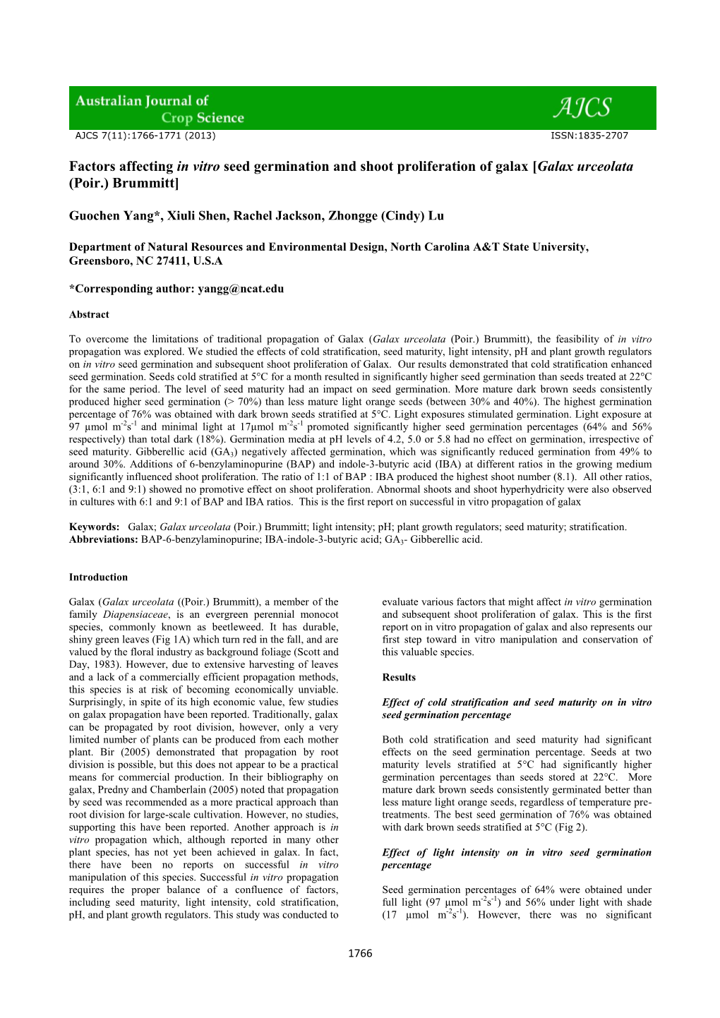 Factors Affecting in Vitro Seed Germination and Shoot Proliferation of Galax [Galax Urceolata (Poir.) Brummitt]