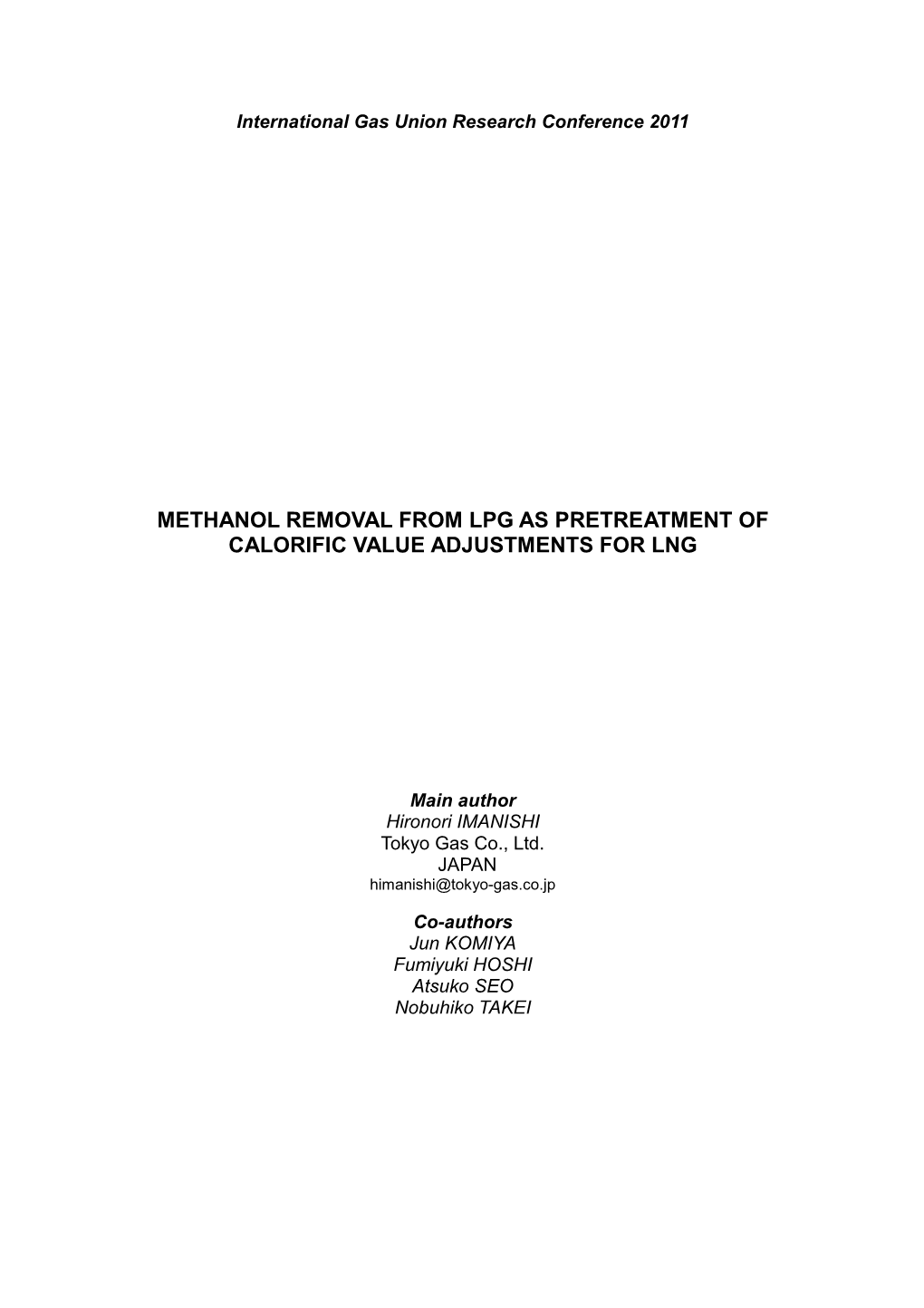 Methanol Removal from Lpg As Pretreatment of Calorific Value Adjustments for Lng