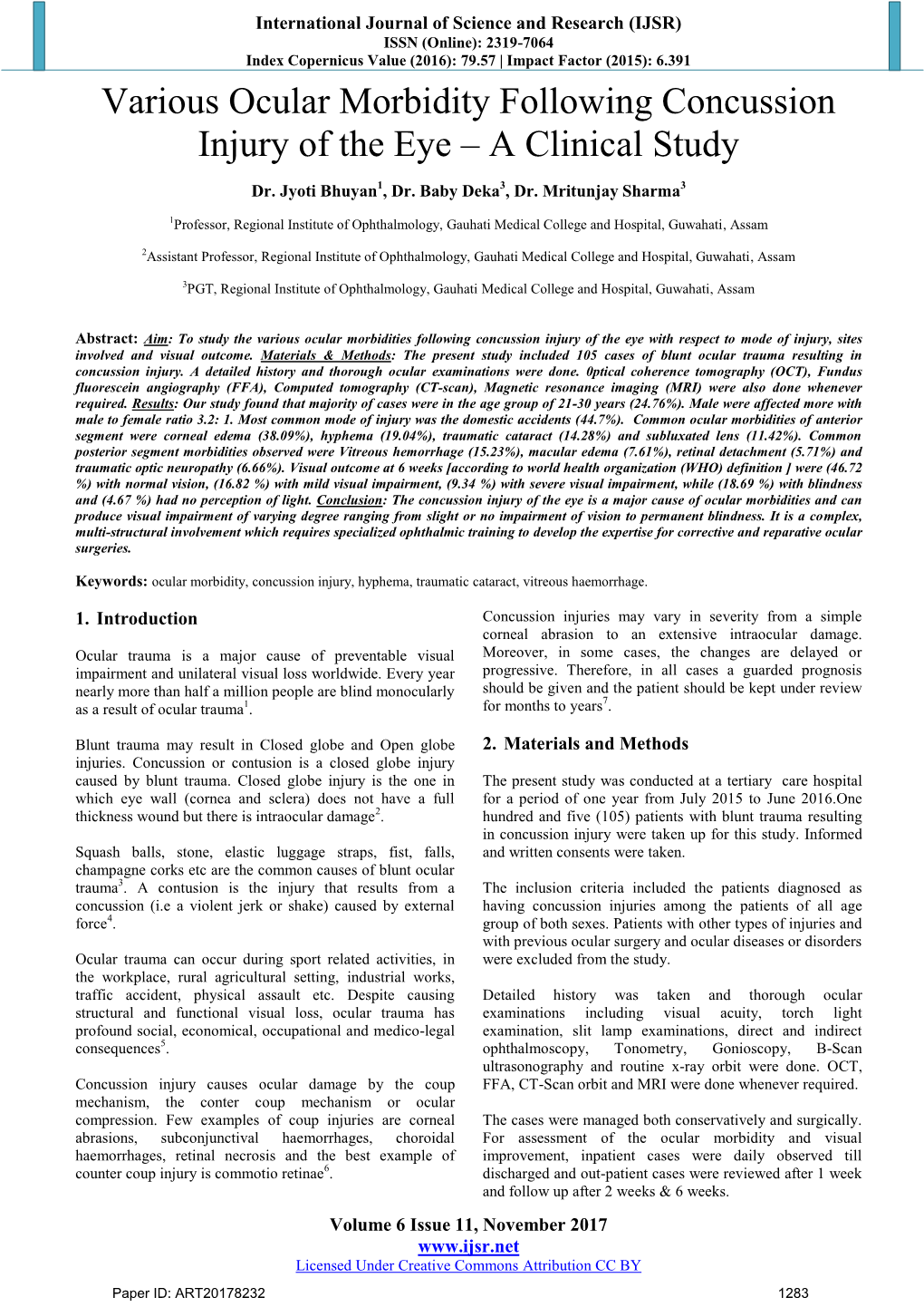 Various Ocular Morbidity Following Concussion Injury of the Eye – a Clinical Study