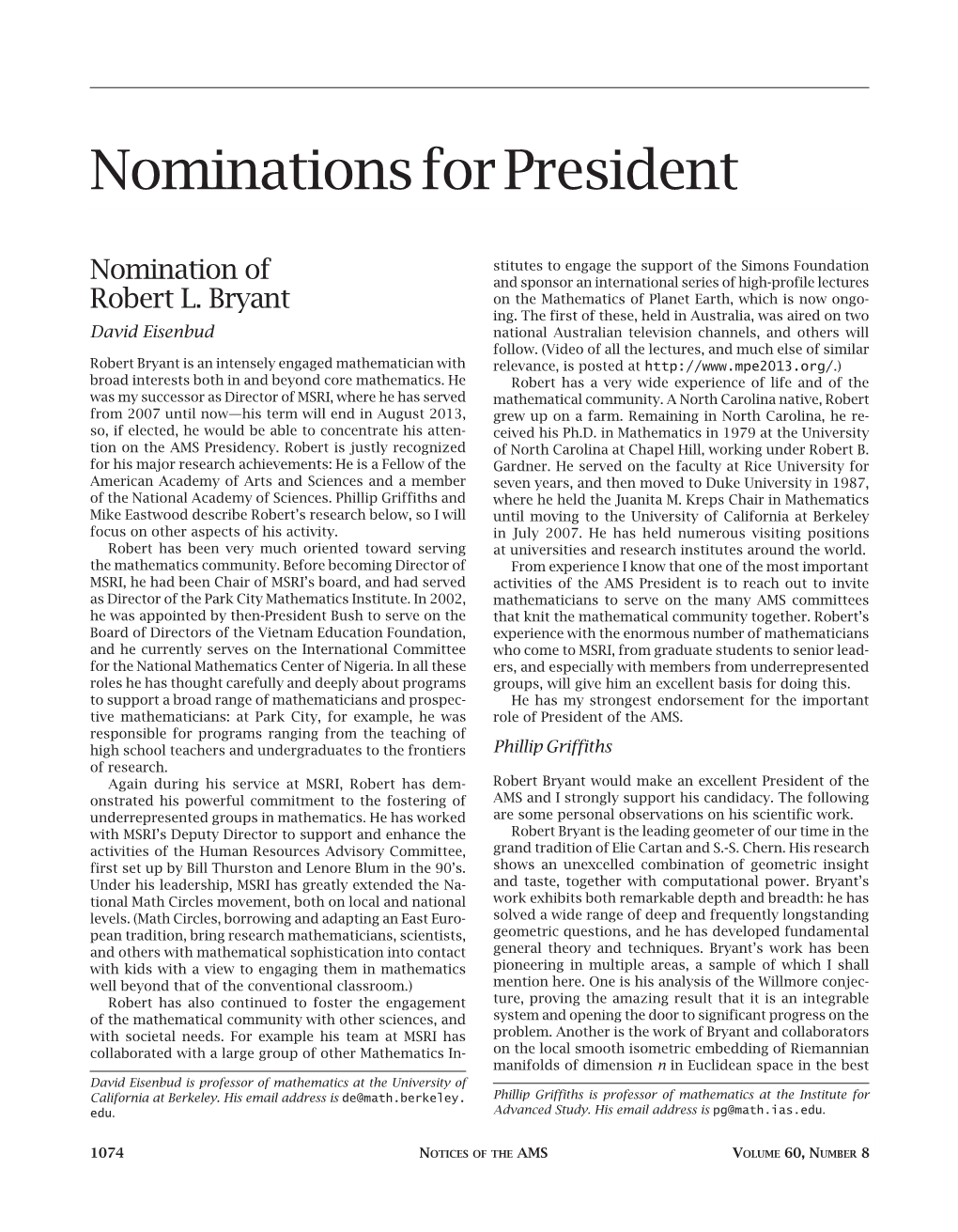 Nominations for President