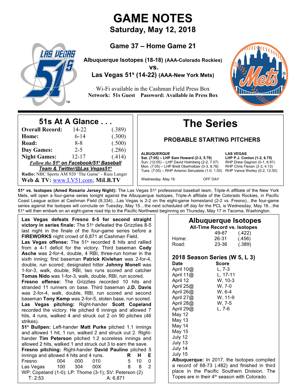 GAME NOTES Saturday, May 12, 2018