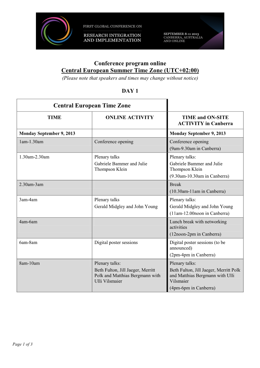 Conference Program Online Central European Summer Time Zone (UTC+02:00) (Please Note That Speakers and Times May Change Without Notice)