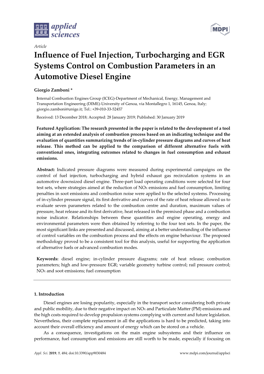 Influence of Fuel Injection, Turbocharging and EGR Systems Control on Combustion Parameters in an Automotive Diesel Engine