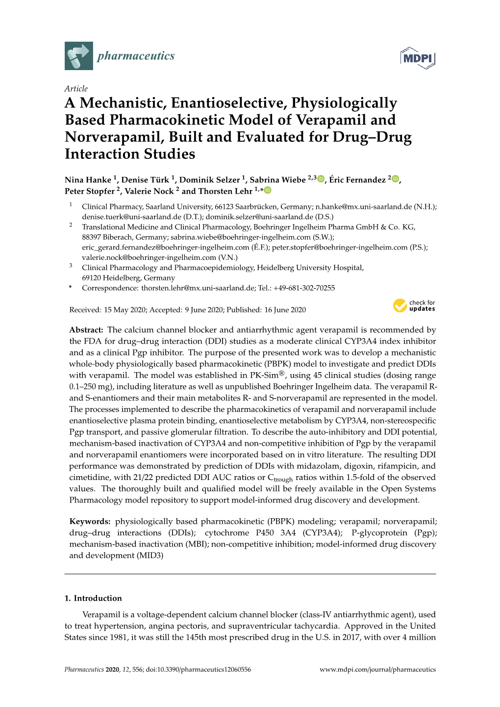 A Mechanistic, Enantioselective, Physiologically Based Pharmacokinetic Model of Verapamil and Norverapamil, Built and Evaluated for Drug–Drug Interaction Studies