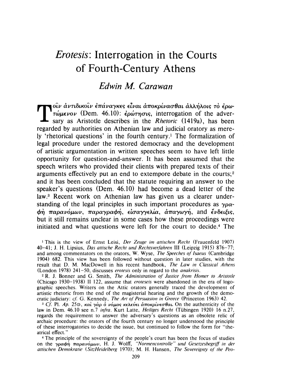 Erotesis: Interrogation in the Courts of Fourth-Century Athens Edwin M Carawan