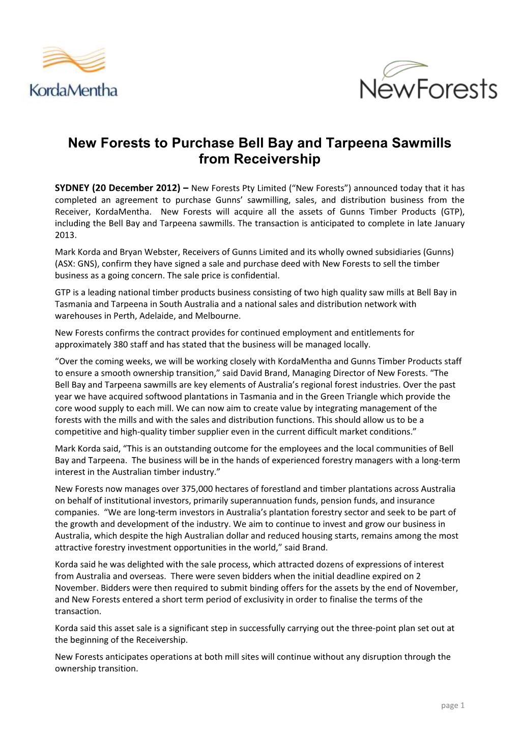 New Forests to Purchase Bell Bay and Tarpeena Sawmills from Receivership