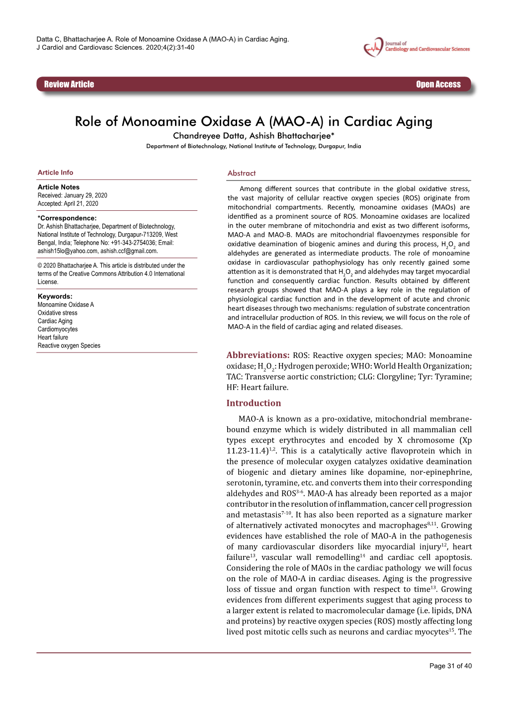 Role of Monoamine Oxidase a (MAO-A) in Cardiac Aging