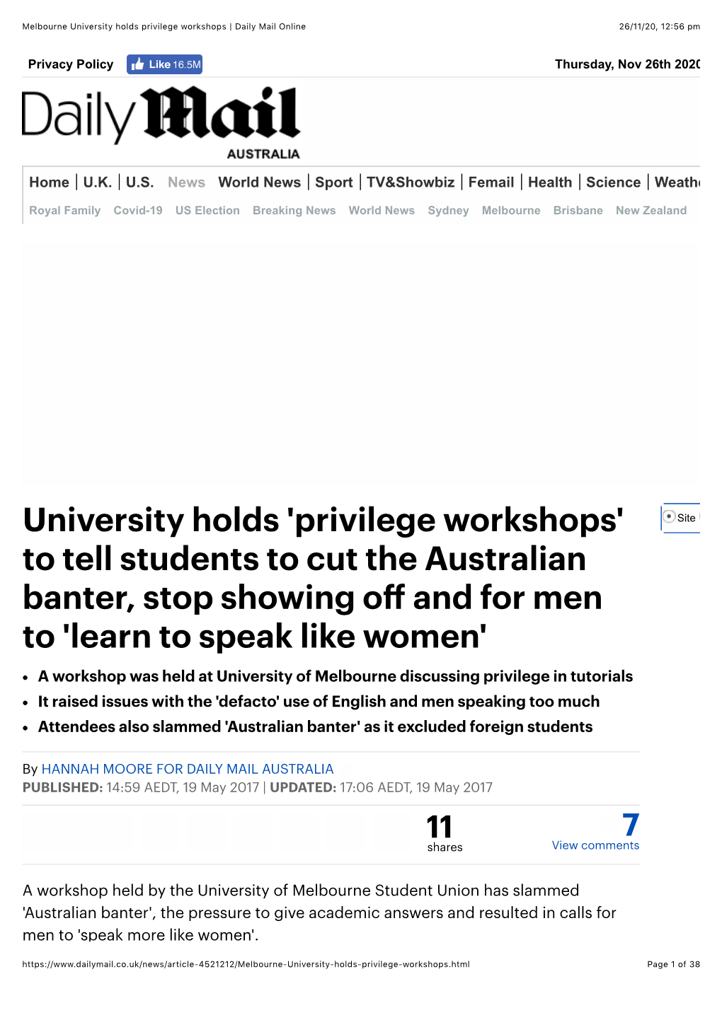Melbourne University Holds Privilege Workshops | Daily Mail Online 26/11/20, 12�56 Pm