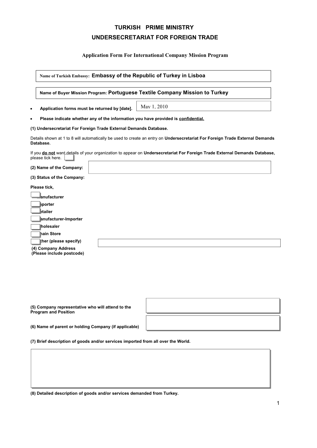 Application Form for International Company Mission Program