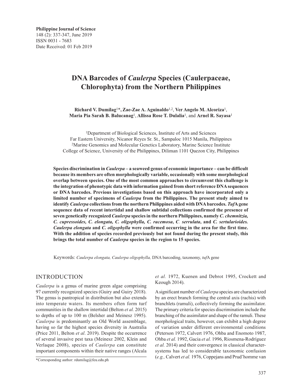 DNA Barcodes of Caulerpa Species (Caulerpaceae, Chlorophyta) from the Northern Philippines