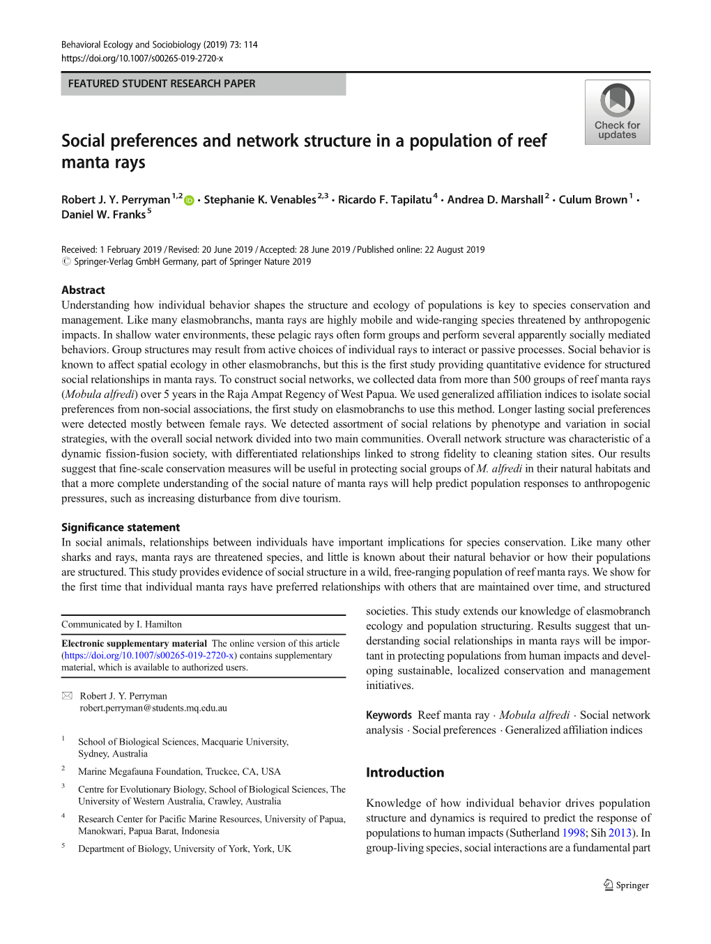 Social Preferences and Network Structure in a Population of Reef Manta Rays