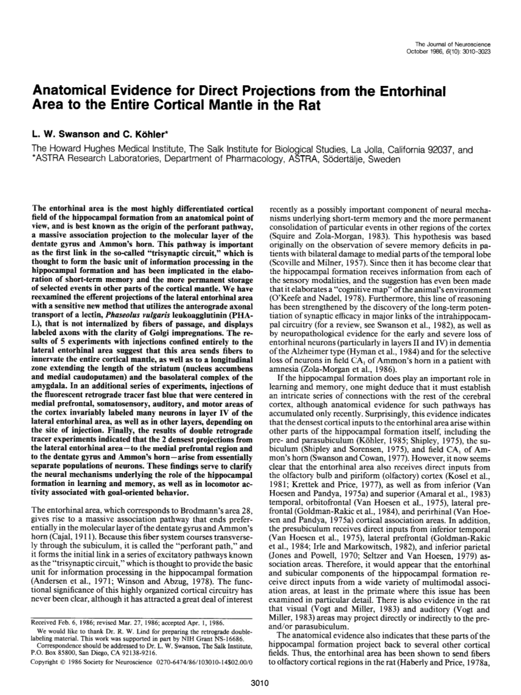 Anatomical Evidence for Direct Projections from the Entorhinal Area to the Entire Cortical Mantle in the Rat