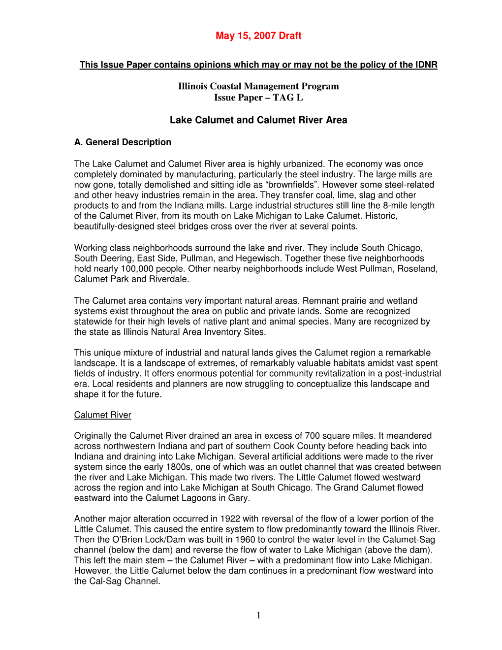 Illinois Coastal Management Program Issue Paper – TAG L Lake Calumet