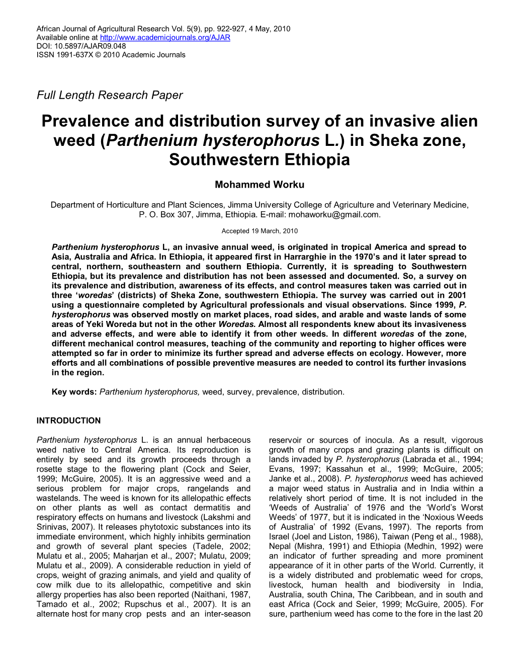 Preliminary Survey of Parthenium Hysterophorus Weed: Its Prevalence and Distribution in Sheka Zone, Southwestern Ethiopia