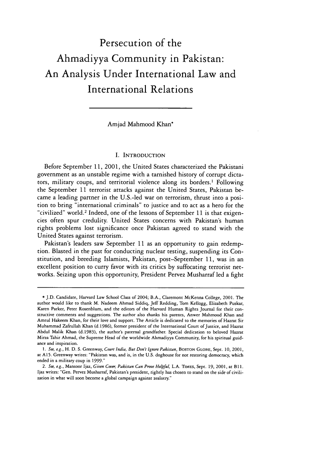 Persecution of the Ahmadiyya Community in Pakistan: an Analysis Under International Law and International Relations