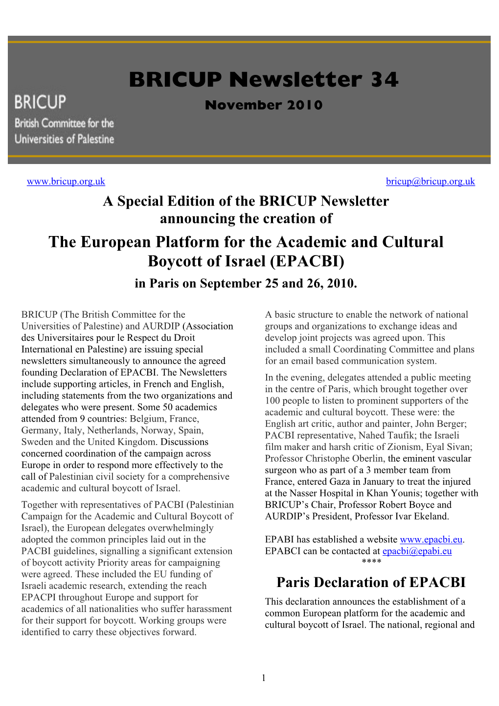 BRICUP Newsletter 34 November 2010