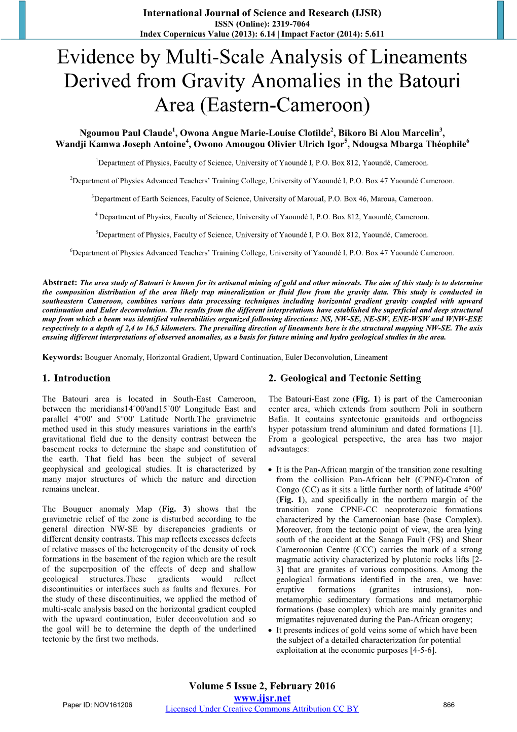 Evidence by Multi-Scale Analysis of Lineaments Derived from Gravity Anomalies in the Batouri Area (Eastern-Cameroon)