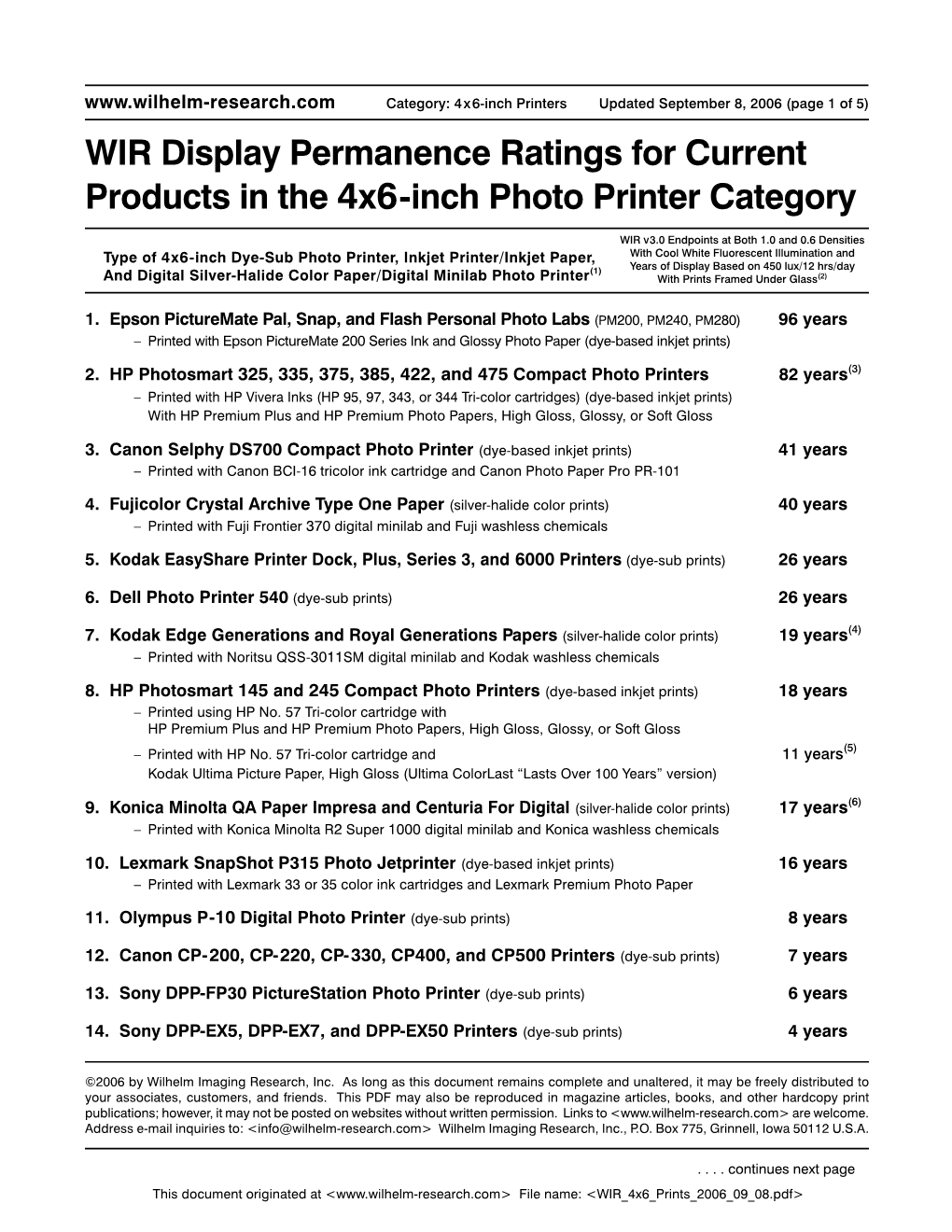 WIR Display Permanence Ratings for Current Products in the 4X6-Inch Photo Printer Category