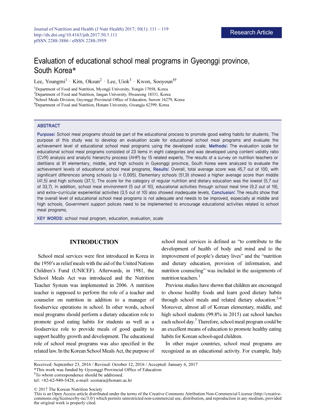 Evaluation of Educational School Meal Programs in Gyeonggi Province