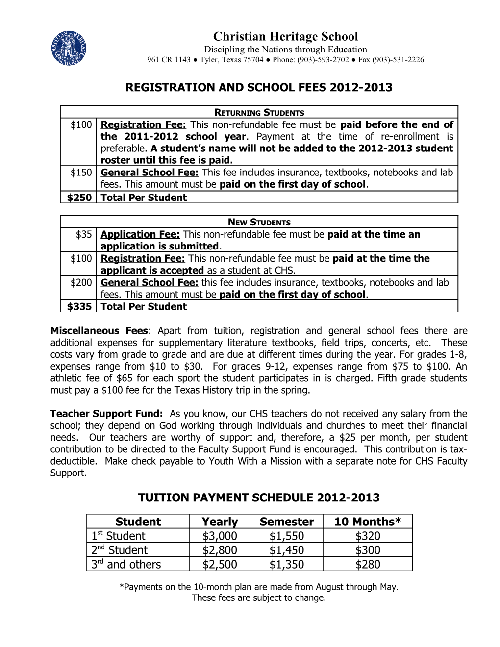 Admission Application Christian Heritage School