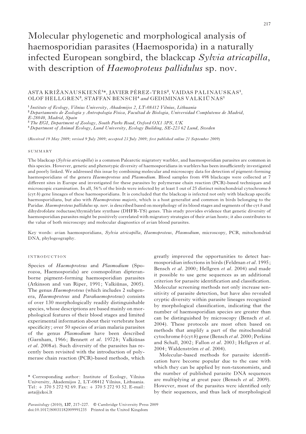 Haemosporida) in a Naturally Infected European Songbird, the Blackcap Sylvia Atricapilla, with Description of Haemoproteus Pallidulus Sp