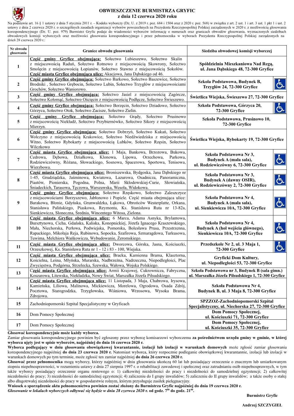 OBWIESZCZENIE BURMISTRZA GRYFIC Z Dnia 12 Czerwca 2020 Roku Na Podstawie Art