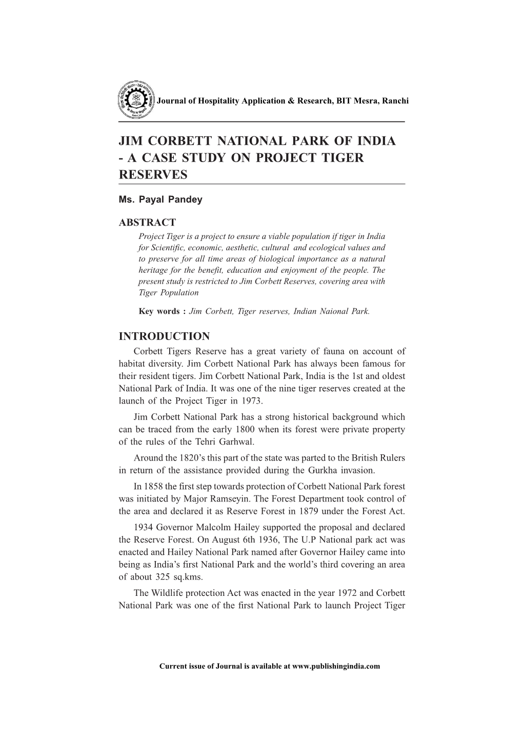 Jim Corbett National Park of India - a Case Study on Project Tiger Reserves