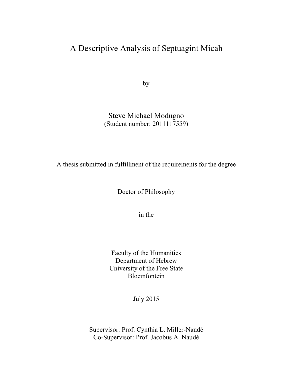 A Descriptive Analysis of Septuagint Micah