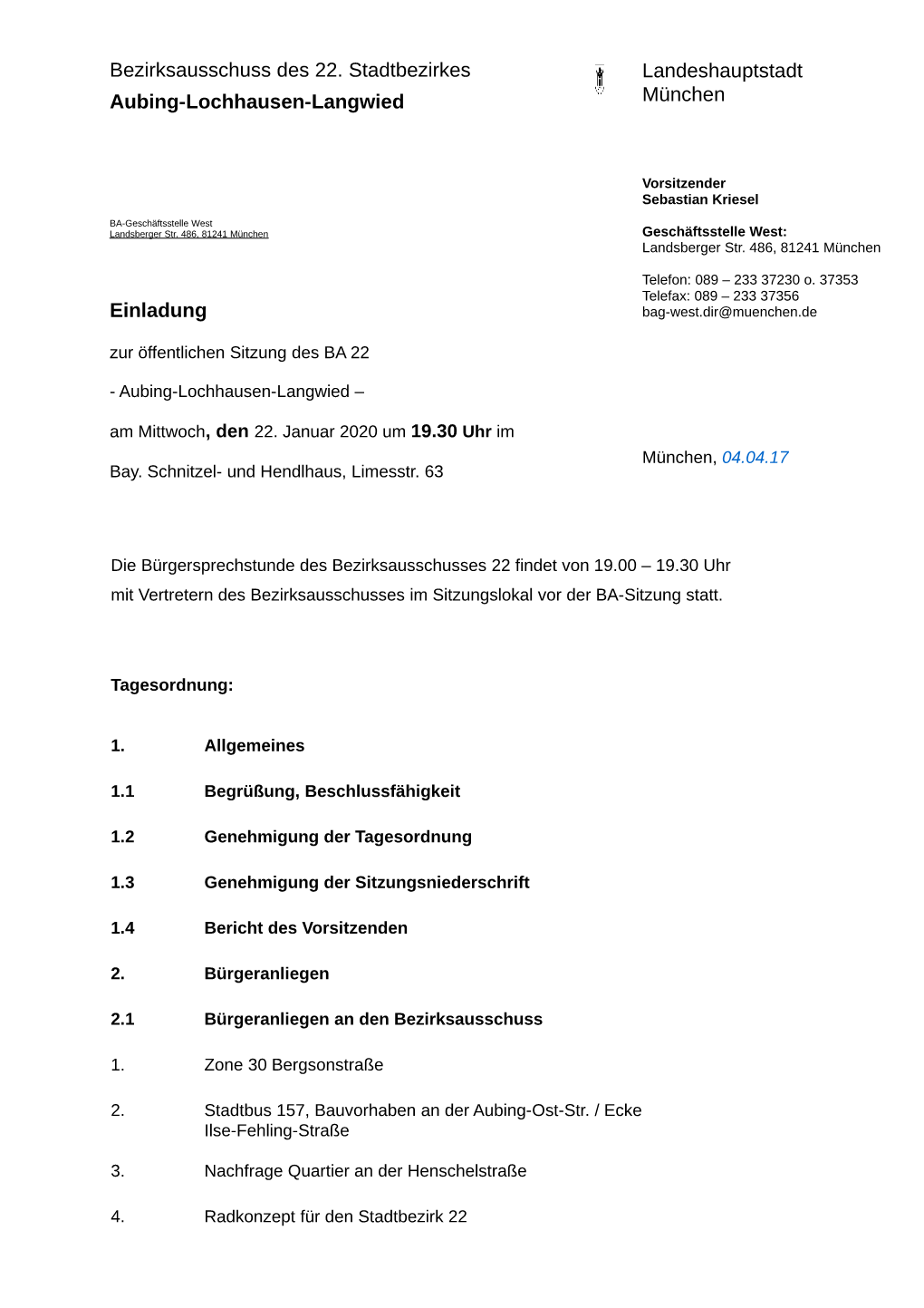 Bezirksausschuss Des 22. Stadtbezirkes Aubing-Lochhausen